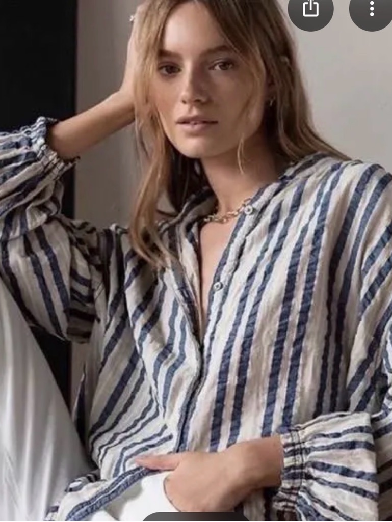We The Free Blue And White Striped Button-Up Oversized Balloon Sleeves